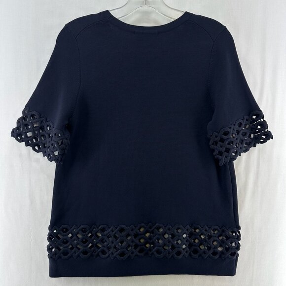 Ann Taylor Top and Skirt Set Womens LP Laser Cut Trim Stretchy Knitted Navy Blue - Picture 3 of 16